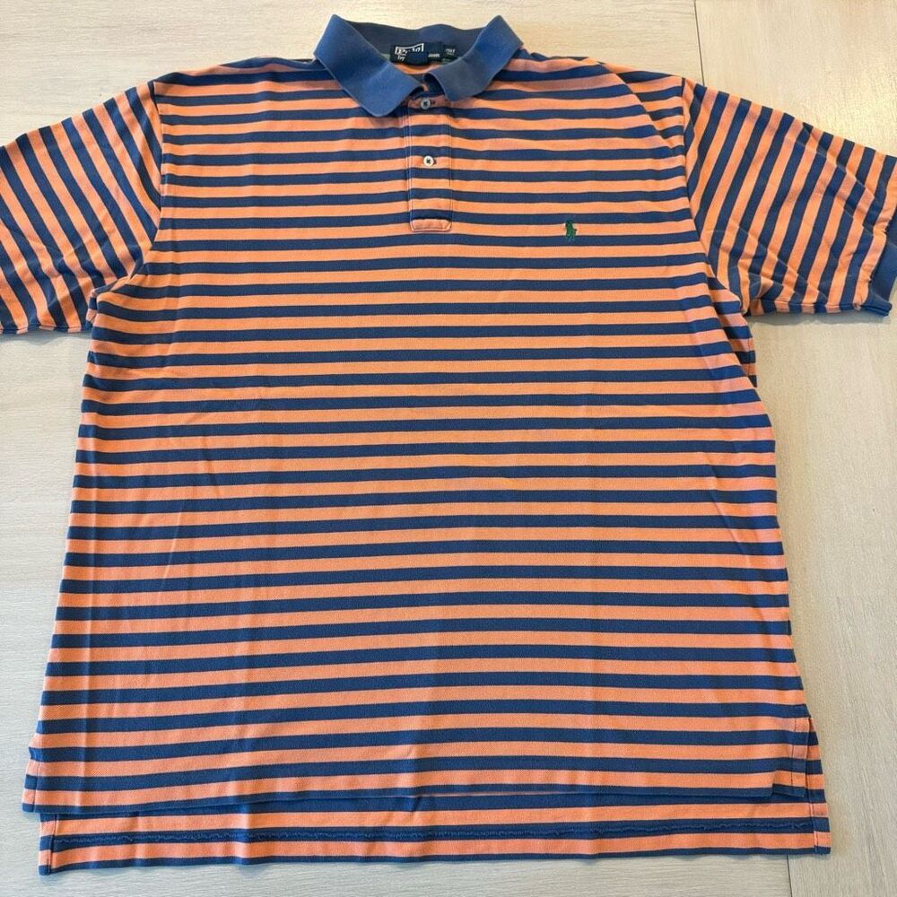 Polo Ralph Lauren Shirt Mens 3XLT Orange Short Sleeve Blue Stripe Green Pony 3XL